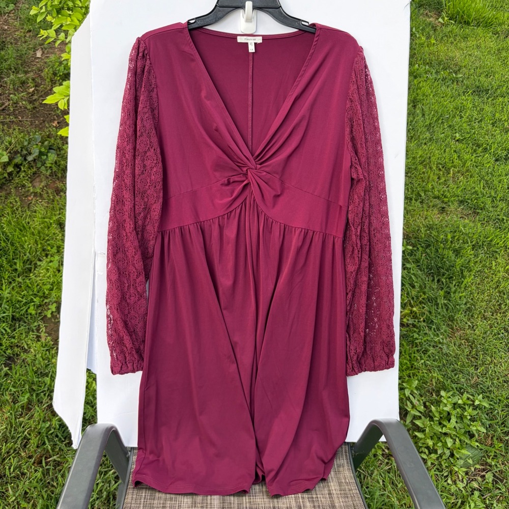 Maurices Burgundy Twist Front Lace Sleeve V-Neck Dress Womens 1X Wine Red